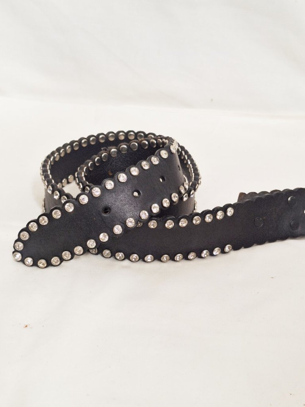 Nocona Western Rhinestone Black Leather Belt Strap L Silver Studs No Buckle